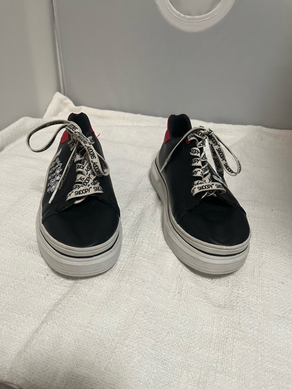 Peanuts Black Platform Sneakers with Red Heel Tab